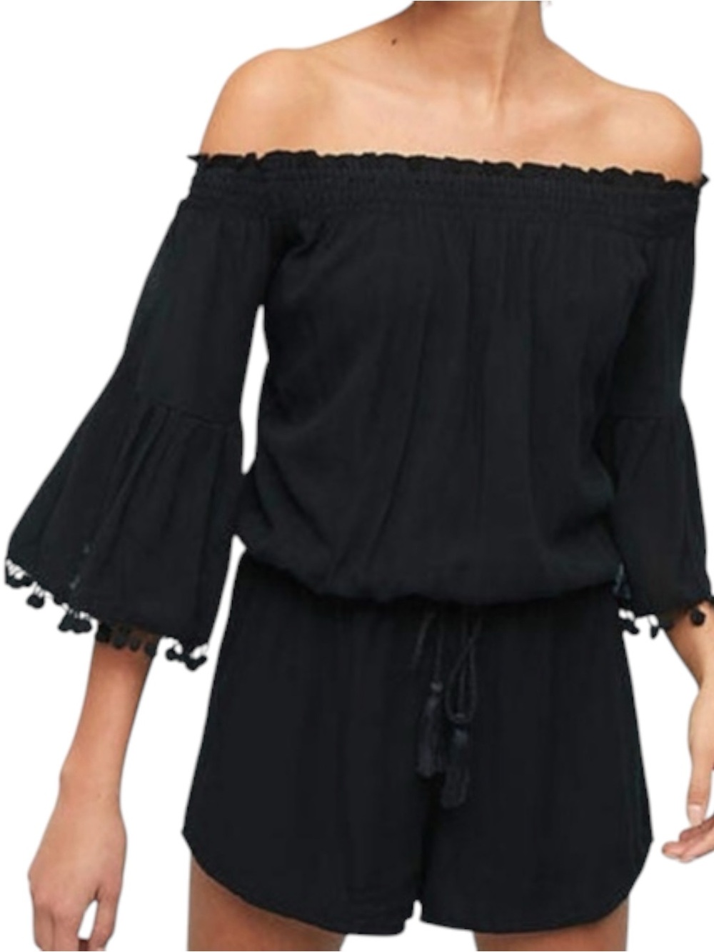 Anthropologie Lilka Black Off Shoulder Bell Sleeve Romper (M)